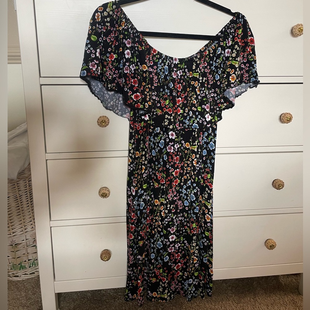 Neiman Marcus Black Floral off the shoulder dress